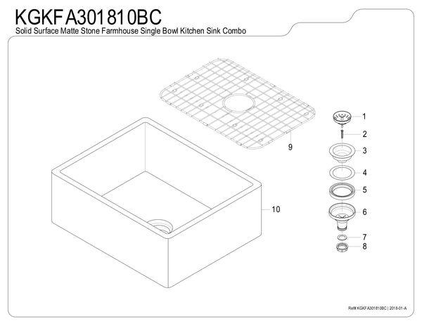 Solid Surface White Stone Apron Front Farmhouse Single Bowl Kitchen Sink 30 x 18 x 10" with Strainer and Grid - KSKGKFA301810BC - COPPER ALCHEMY