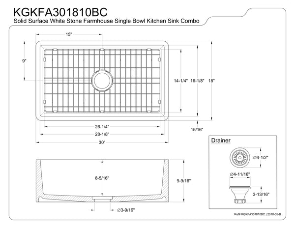 Solid Surface White Stone Apron Front Farmhouse Single Bowl Kitchen Sink 30 x 18 x 10" with Strainer and Grid - KSKGKFA301810BC - COPPER ALCHEMY