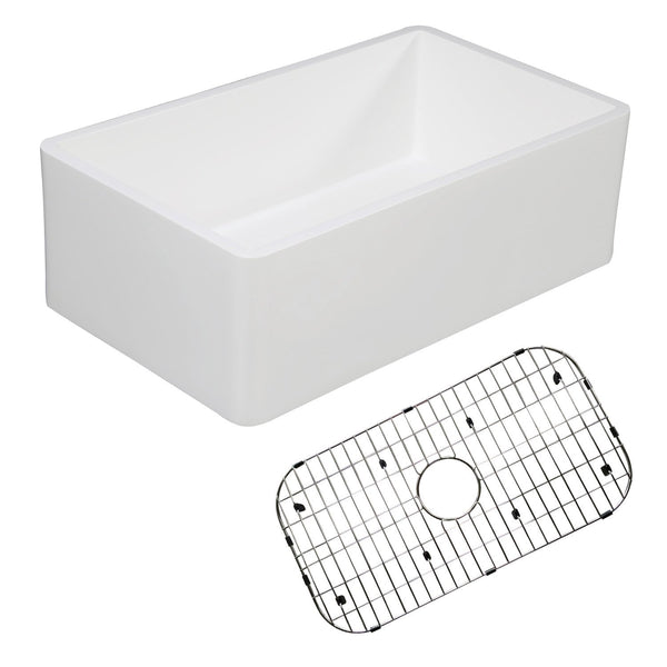 Solid Surface White Stone Apron Front Farmhouse Single Bowl Kitchen Sink 30 x 18 x 10" with Strainer and Grid - KSKGKFA301810BC - COPPER ALCHEMY