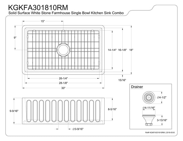 Solid Surface White Stone Apron Front Farmhouse Single Bowl Kitchen Sink 30 x 18 x 10" with Apron Design - KSKGKFA301810RM - COPPER ALCHEMY