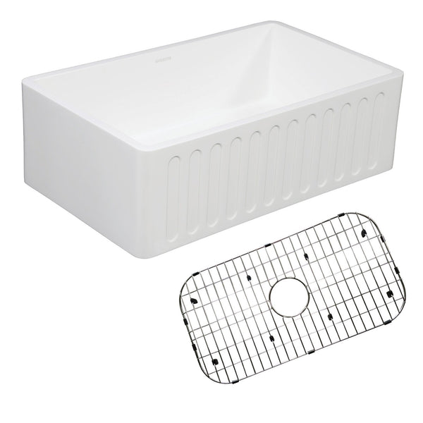 Solid Surface White Stone Apron Front Farmhouse Single Bowl Kitchen Sink 30 x 18 x 10" with Apron Design - KSKGKFA301810RM - COPPER ALCHEMY