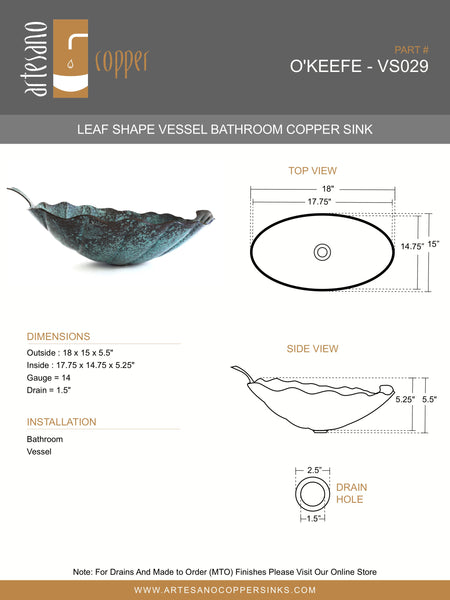 O'KEEFE in Natural - VS029NA - Leaf Shape Vessel Bathroom Copper Sink - 18 x 15 x 5.5" - Thick Gauge 14