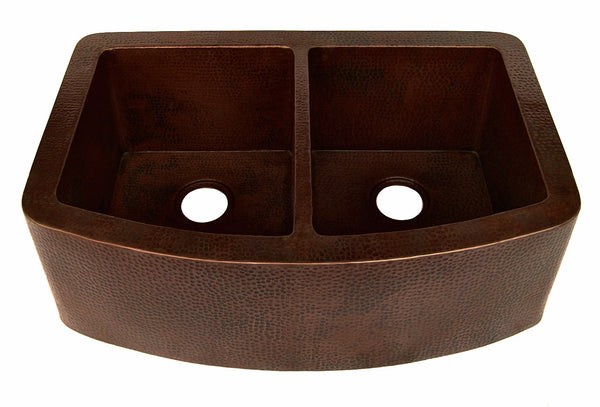 Farmhouse 50/50 with Curved Apron Kitchen Copper Sink - Double Basin - 33 x 22 x 10.5" - KS009CV - COPPER ALCHEMY