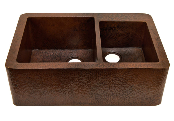 Farmhouse 60/40 with Straight Apron Kitchen Copper Sink - Double Basin - 33 x 22 x 10.5" - KS005CV - COPPER ALCHEMY