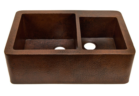 Farmhouse 60/40 with Straight Apron Kitchen Copper Sink - Double Basin - 33 x 22 x 10.5" - KS005CV - COPPER ALCHEMY