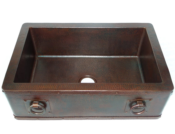 Farmhouse with Straight Apron Kitchen Copper Sink with Rings - Single Basin - 33 x 22 x 10.5" - KS010CV - COPPER ALCHEMY