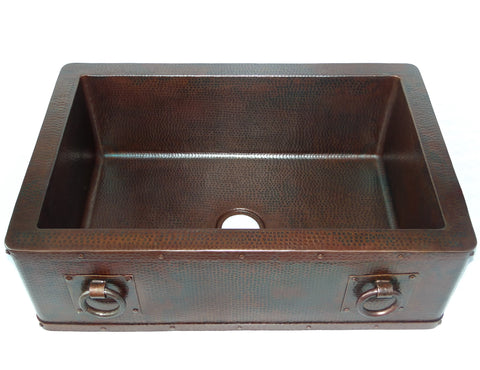Farmhouse with Straight Apron Kitchen Copper Sink with Rings - Single Basin - 33 x 22 x 10.5" - KS010CV - COPPER ALCHEMY