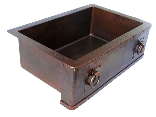 Farmhouse with Straight Apron Kitchen Copper Sink with Rings - Single Basin - 33 x 22 x 10.5" - KS010CV - COPPER ALCHEMY